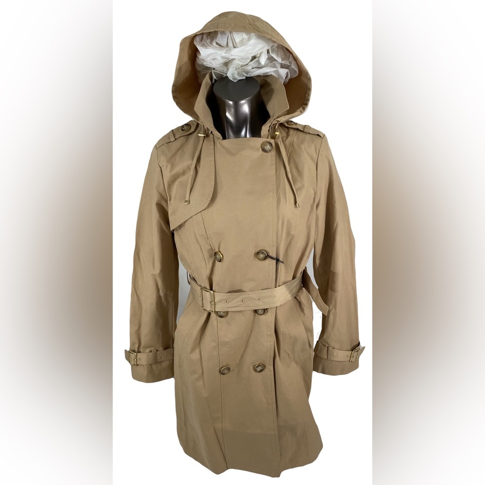 Cole Haan Women's Khaki Double Breasted Hooded Trench Coat Jacket L